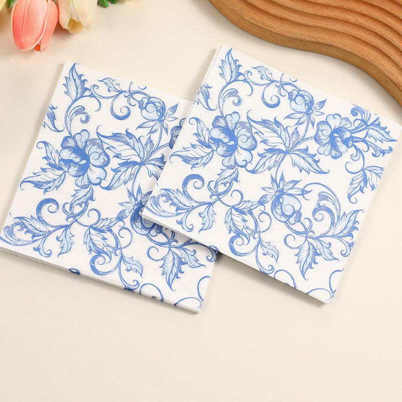 European Retro Blue and White Porcelain Print Disposable Napkins for Restaurant, Party, or Hotel Dining