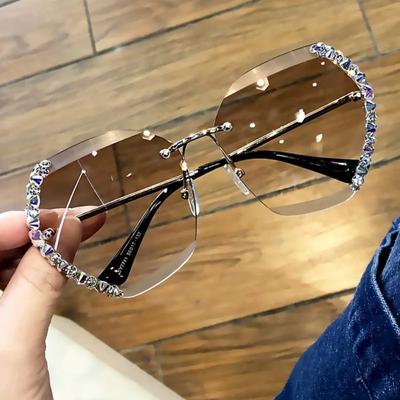 Óculos de sol vintage sem aro grandes e da moda, óculos de sol femininos de luxo, design de marca, sexy, quadrado, com diamante, para mulheres