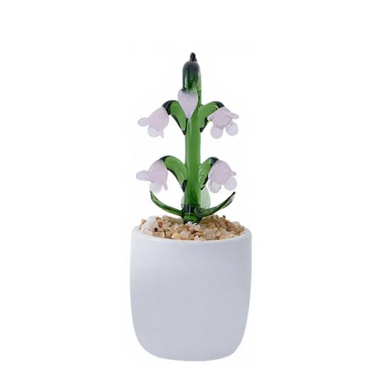 Hand Blown Mini Glass Flower Figurine Faux Crystal Small Lily of The Valley Flower with Pot for Wedding Mother's Day Office Home Table Centerpiece