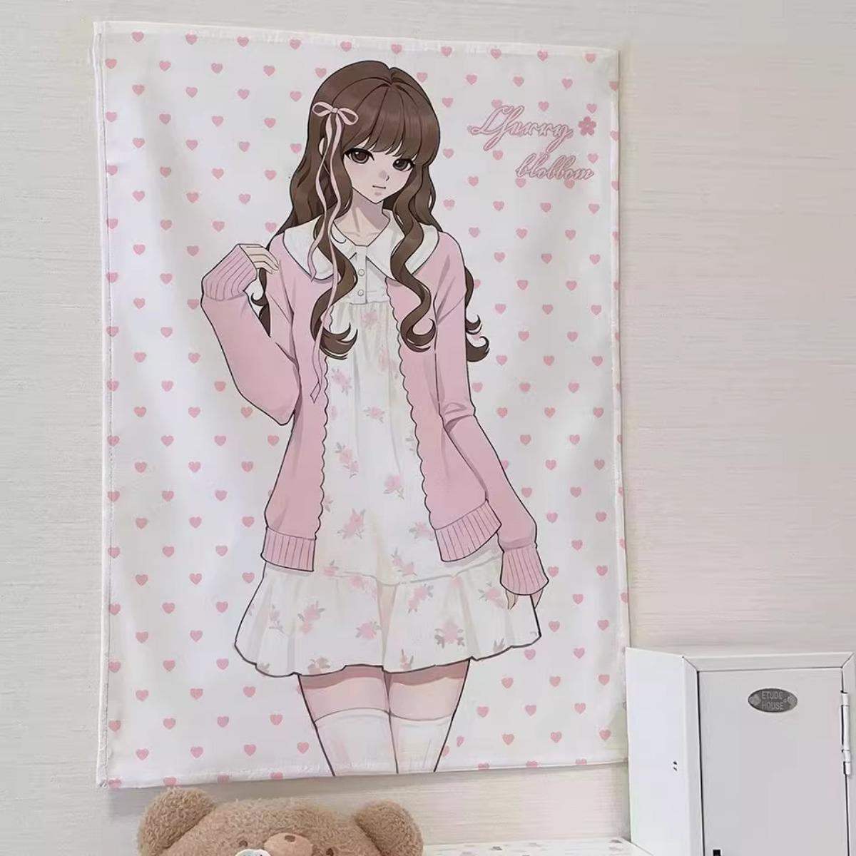 

Cute Anime Girl Tapestry Kawaii Pink Sweet Wall Decor Ins Style Dorm Bedroom Background Cloth Aesthetic Home Decoration 74x94cm(29x37in)