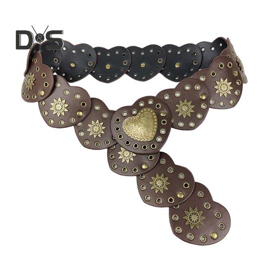 Retro Western Cowboy Belt Hollow Hole Metal Heart Stitching Waistband Solid Color Faux Leather Adjustable Belt Costume Accessories