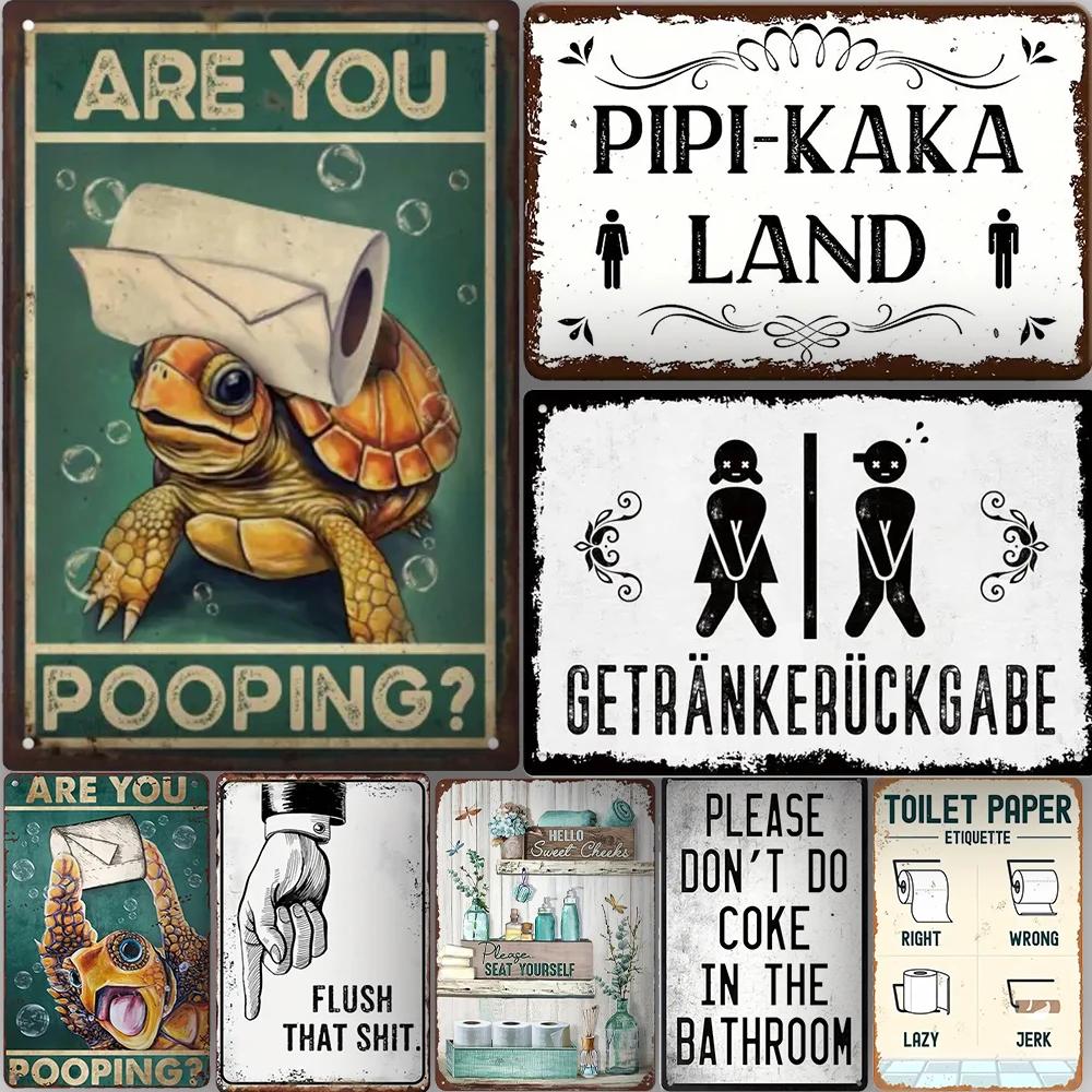 Hisun Tin Sign Vintage Funny Bathroom Turtle Quote Tin Signs Set Retro Humorous Toilet Etiquette Metal Wall Art Rustic Decor Plaques for Rest