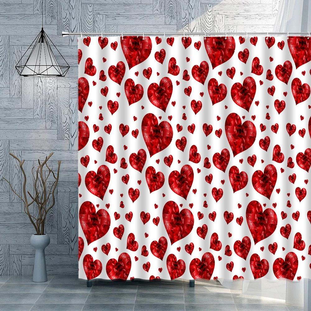 Love and Hearts Design Shower Curtain Set Retro Off-white Home Decor Bath Curtain Abstract Colorful Pattern Polyester with Hooks