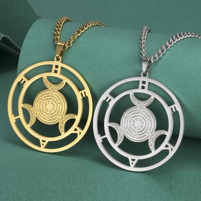 Dreamtime Wheel of Hecate Symbol Triple Moon Goddess Pendant Necklace for Women Men Stainless Steel Pagan Goddess Wiccan Jewelry