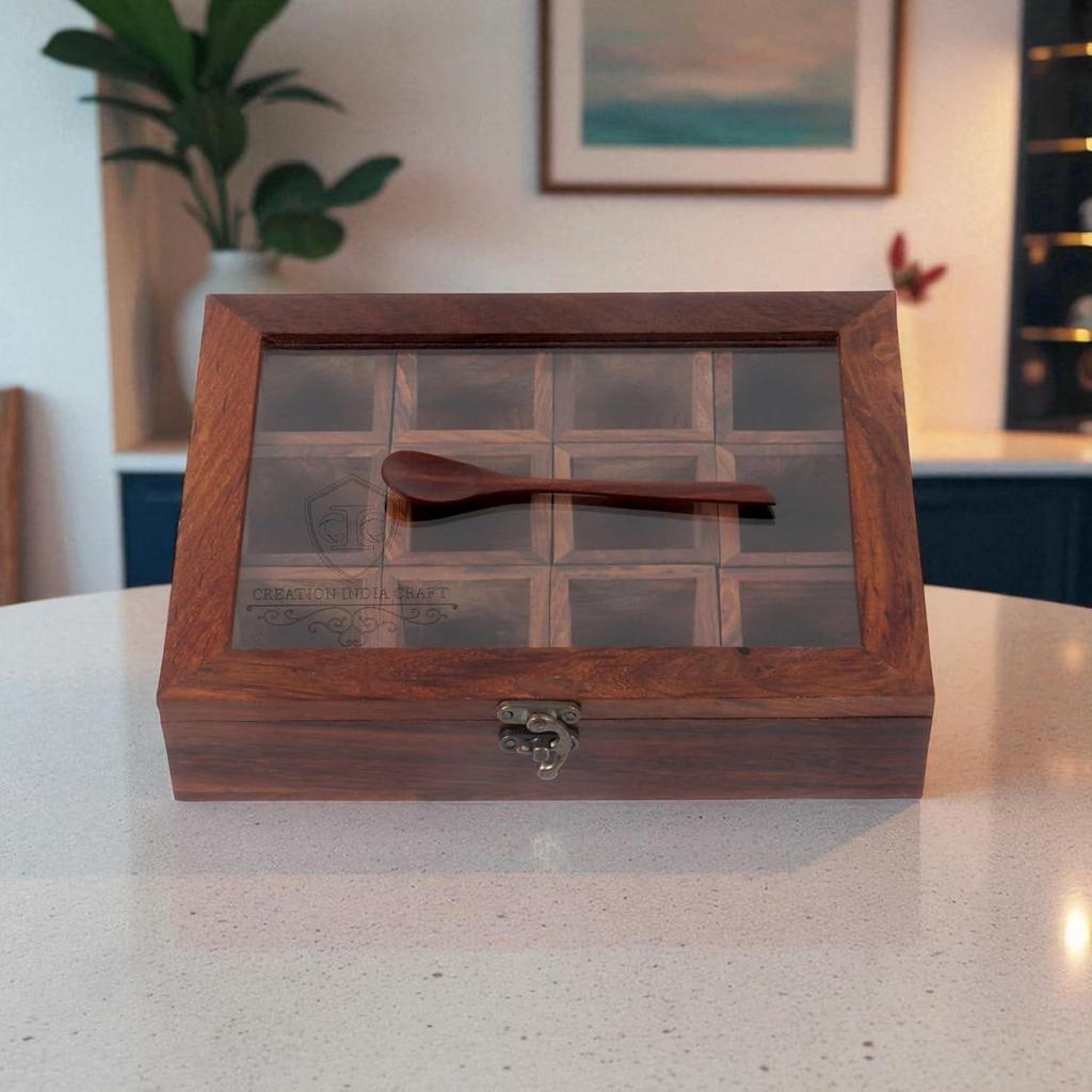 Wooden Spice Box Set for Kitchen Large Containers Spice Jars & Spoon In Sheesham Wood Masala Dabba