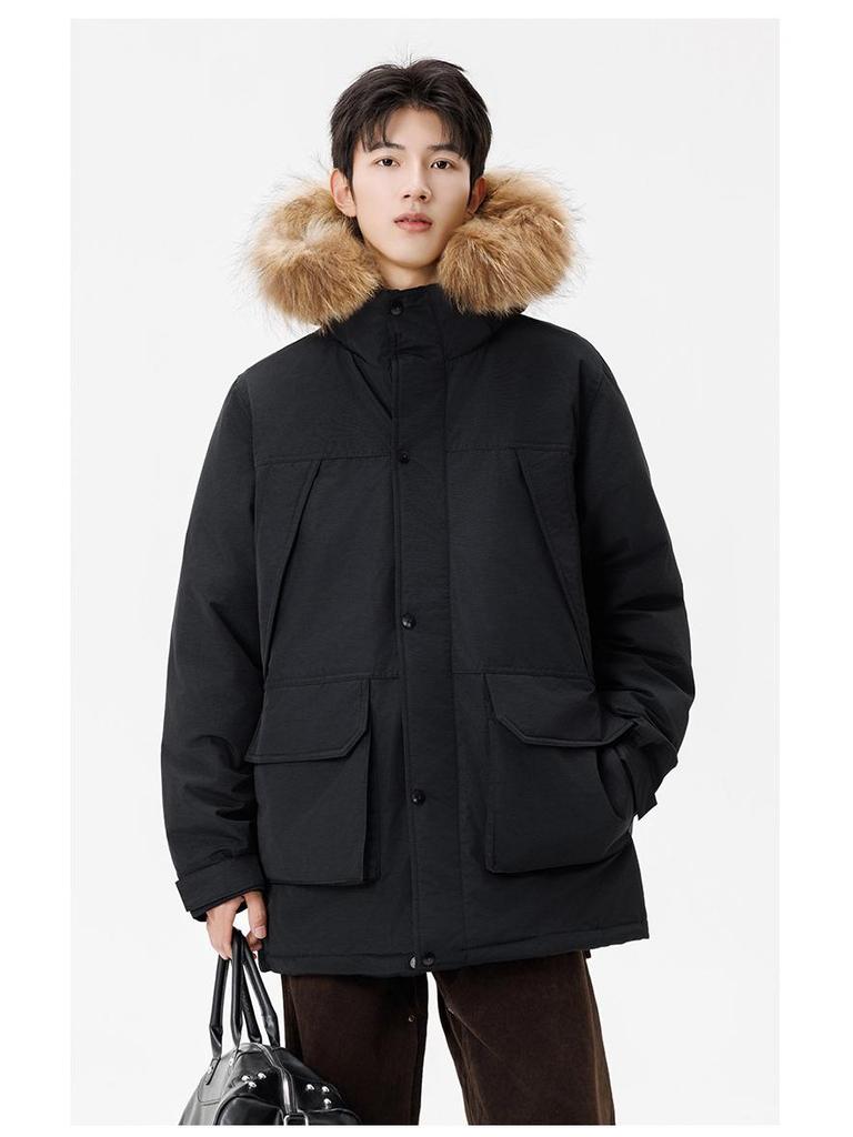 Unisex Mid-Length Winter Down Jacket with Fur Collar - Men's 90% White Duck Down Thickened Parka