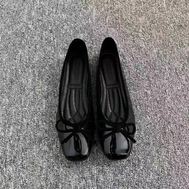 Soft Leather Shallow Mouth Flat Shoes French Style Square Toe Bow Red Women's Shoes