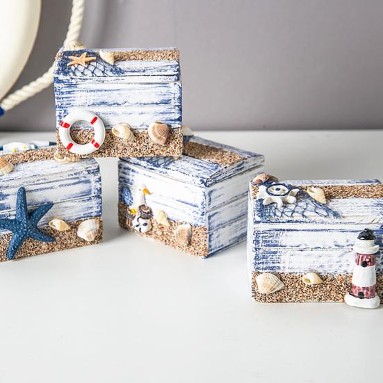 Yousheng Coastal Wooden Trinket Box Handcrafted Nautical Jewelry Box with Starfish Shells Rustic Decorative Storage Box for Beach Home Decor