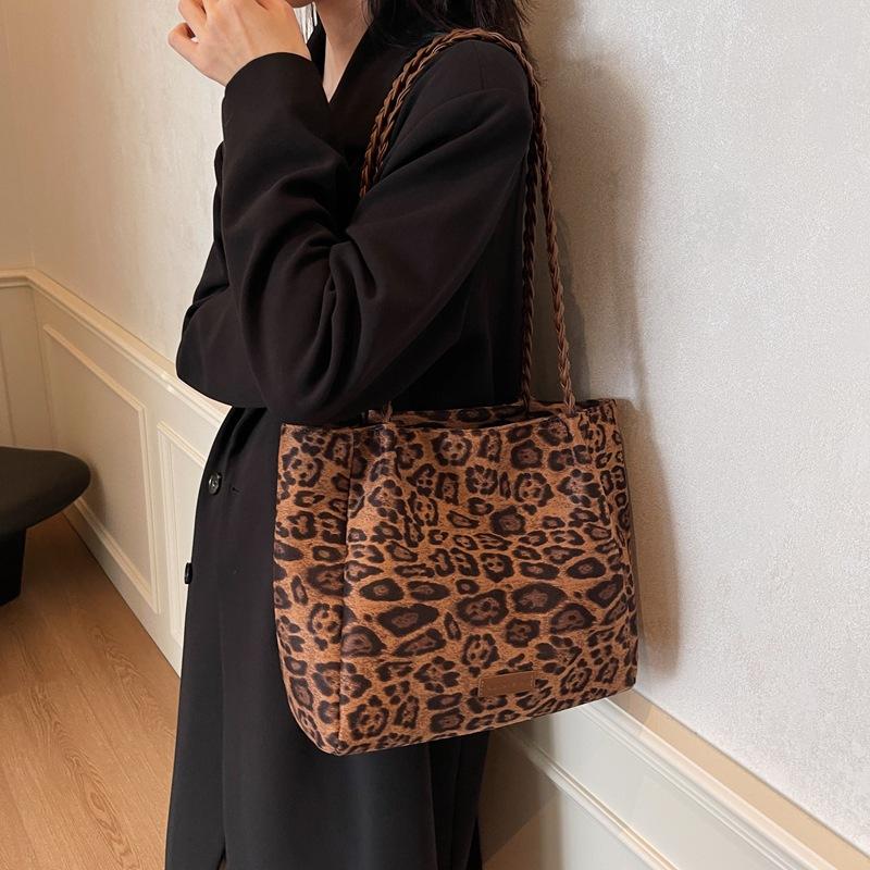 Geantă de umăr cu textură premium pentru femei, geantă de mare capacitate pentru subraț, stil retro, cu imprimeu leopard, flanel, tip messenger