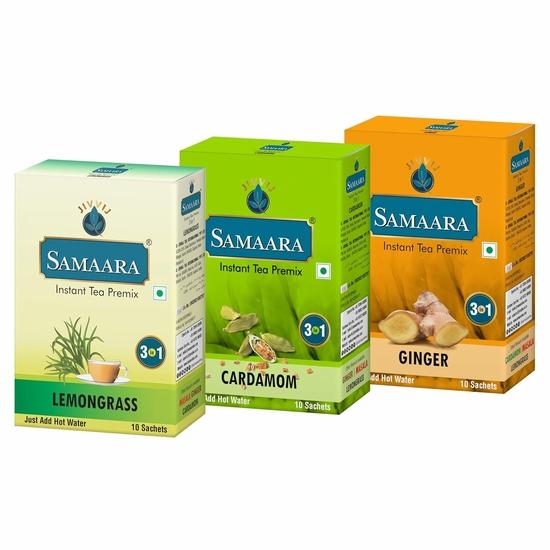 Samaara Instant Tea Premix Sachets | Lemongrass | Cardamom Elaichi | Ginger Adrak | Flavoured Assam Black Tea Powder | 30 Sachets Box 450gm