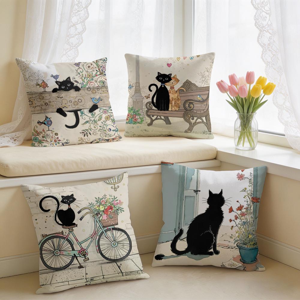 Cartoon Little Black Cat Cushion Cover Square Short Plush Pillow Case Living Room Sofa Home Decor Funda X