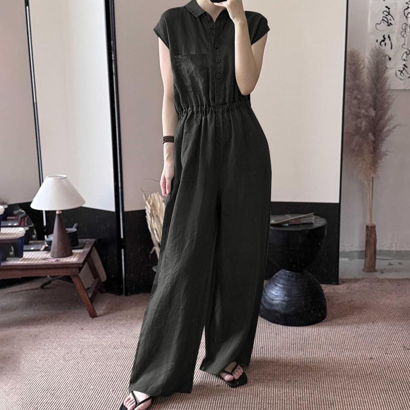 

ZANZEA Женский Повседневный Комбинезон с Отложным Воротником и Коротким Рукавом 4XL чёрный