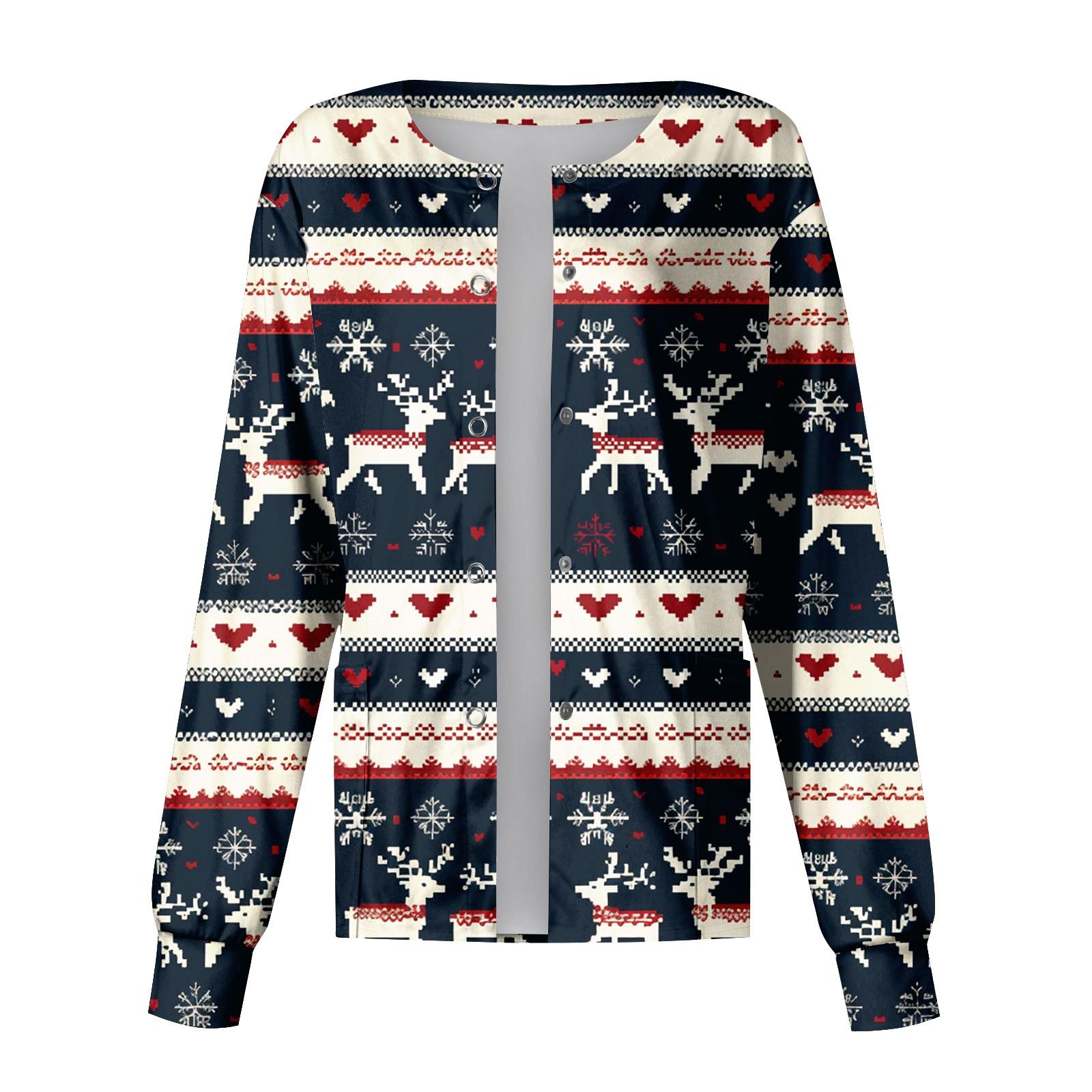 

Женский однобортный защитный комбинезон с длинным рукавом и рождественским принтом, карманный рабочий воротник-стойка, кардиган, куртка, топ XXXXXL тёмно-синий