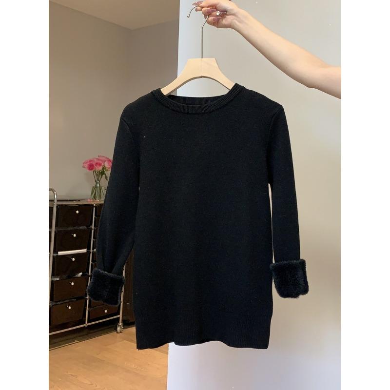 

Autumn and winter fleece thickened sweater women s soft waxy warm inner long-sleeved integrated fleece bottoming shirt basic knitted top XL чёрный