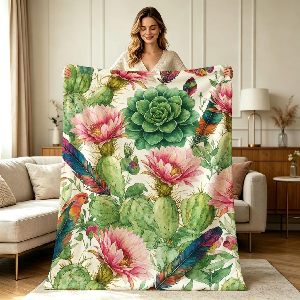All Season Flannel Fleece Throw Blanket with Watercolor Cactus Flower Succulent Feather Butterfly Botanical Print Soft Cozy Warm Blanket for Couch Sof
