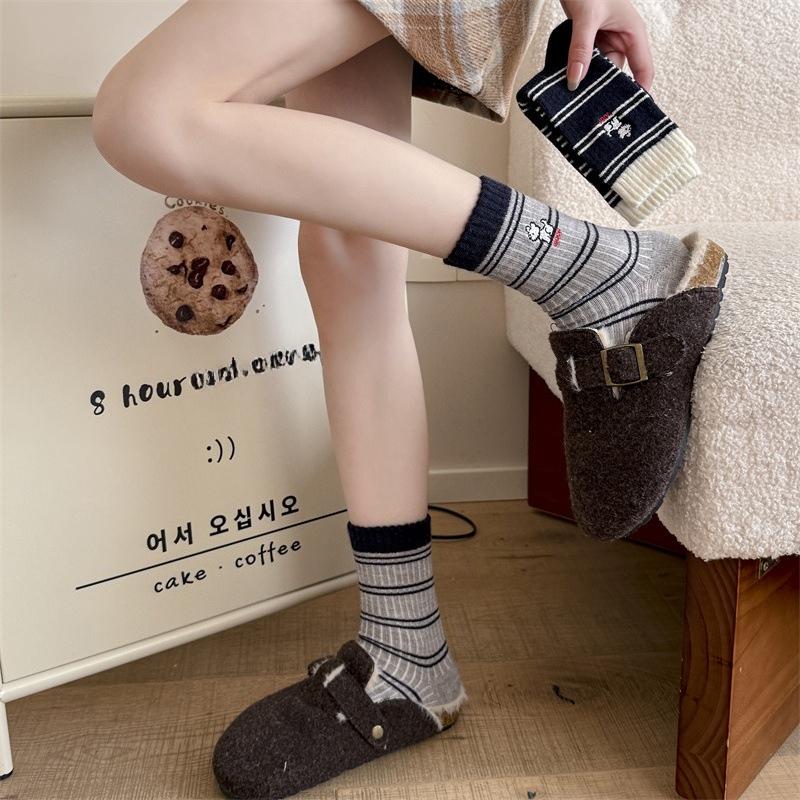 Women's Autumn and Winter Woolen Thickened Warm Striped Embroidered Cartoon Puppy Mid-calf Socks Trendy Pile Socks