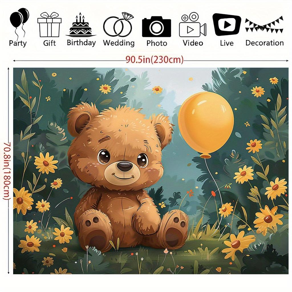 A Cute Teddy Bear In the Garden Cartoon Flower Background Cloth Party Banner Dreamy Style Birthday Party