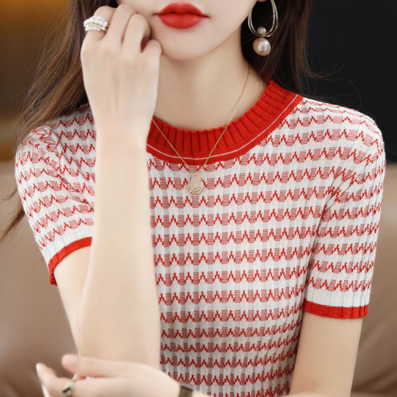 Gestreiftes Kurzarm-Strick-T-Shirt Damen Frühling und Sommer Neu Rundhals Farbblock Slim-fit Baumwoll-Top