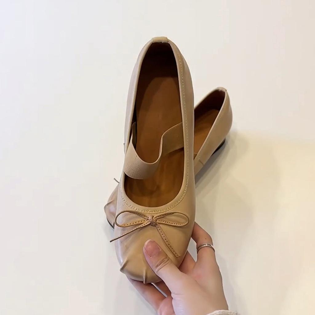 Sheepskin version~ retro bow ballet shoes women's niche one-word thick heel single shoes round head shallow mouth Mary Jane shoes