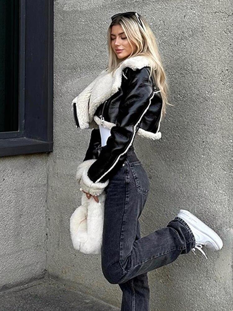 Abrigo corto de lana de cordero con solapa para mujer, chaqueta de mujer con cremallera de doble cara para otoño e invierno, Tops gruesos y cálidos de lana para mujer, prendas de vestir