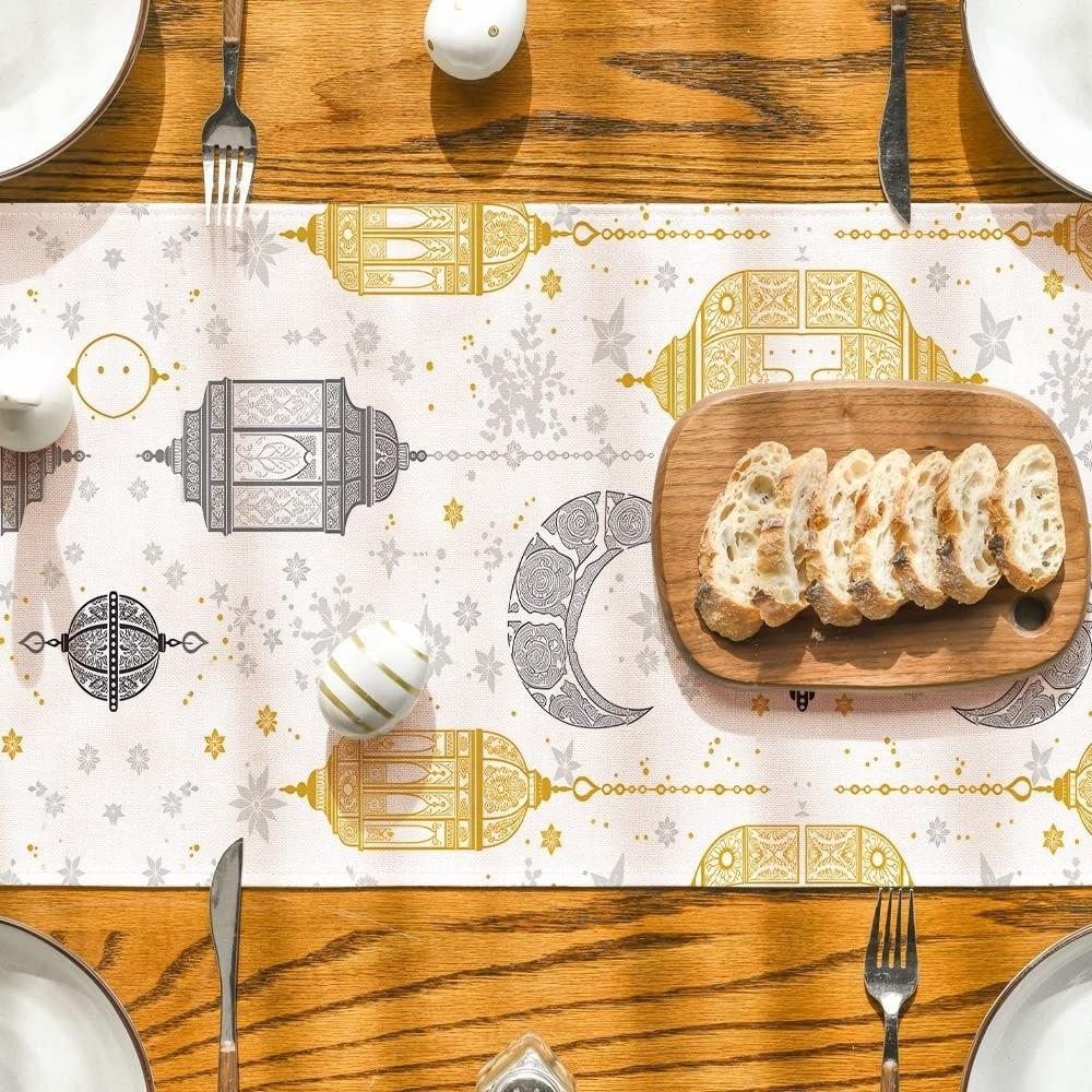 Vintage Moon Star Table Runner Washable Eid Mubarak Table Runner Dinner Table Cloth  Kitchen