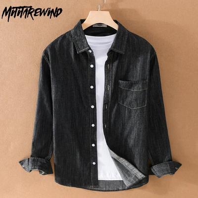 100Cotton Denim Shirt Men Spring Autumn Daily Long Sleeve Casual Shirts Lapel Collar Pocket Black Jean Shirt Simple Style Men Clothing