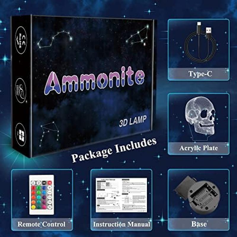 Ammonite 3D Skull Night Light for Kids, LED Table Lamp with 16 Color Changing Remote Control & Timer, Halloween Christmas Birthday Gift