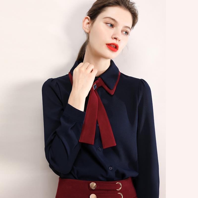 

Spring Double-Layer Color-Block Tie-Design Slimming Long-Sleeve Shirt for Women Medium темно-синий