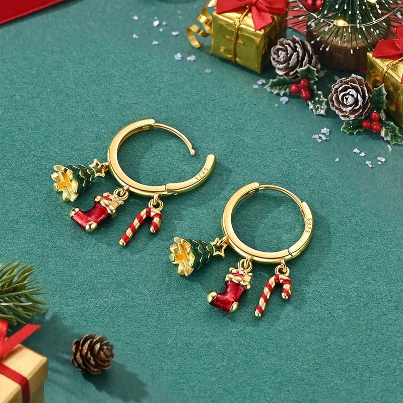 Red Series Original 925 Sterling Silver Snowflake Christmas Hoop Earrings For Women Wedding Christmas Festive Jewelry Gift