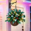 Pre-Lit Christmas Hanging Basket Artificial Greenery Basket with Pine Cones Red Berries Outdoor Hanging Planter with LED Light for Winter Outside