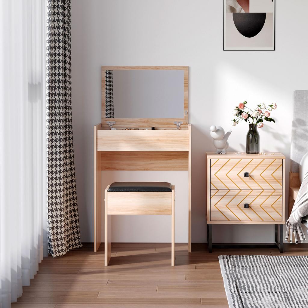 Dressing Table with Mirror and Stool, Vanity Makeup Table with Flip Up Mirror, Vanity Desk with Storage Unit and Padded Seat, Wood