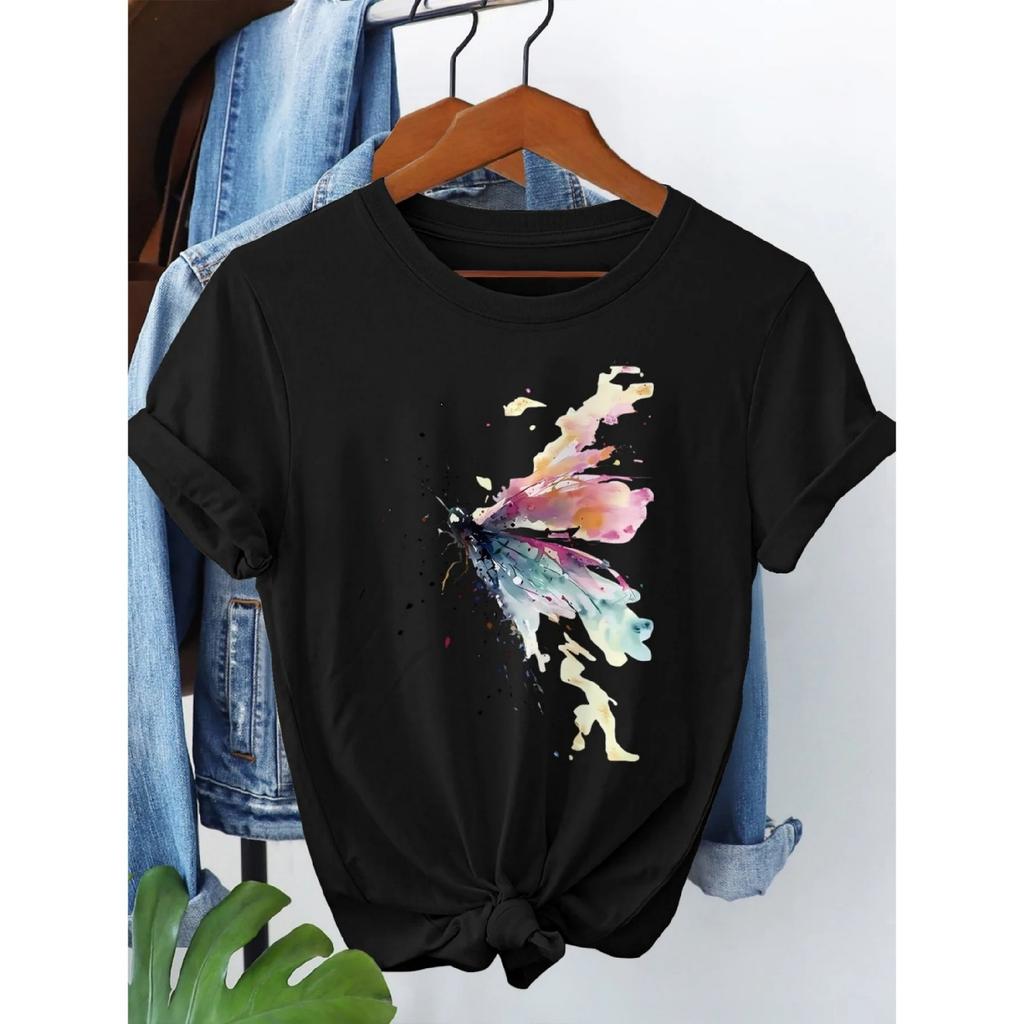 Casual Top for Summer & Spring Women's Clothing Butterfly Print T-shirt Sleeve Crew Neck Aesthetic Clothes