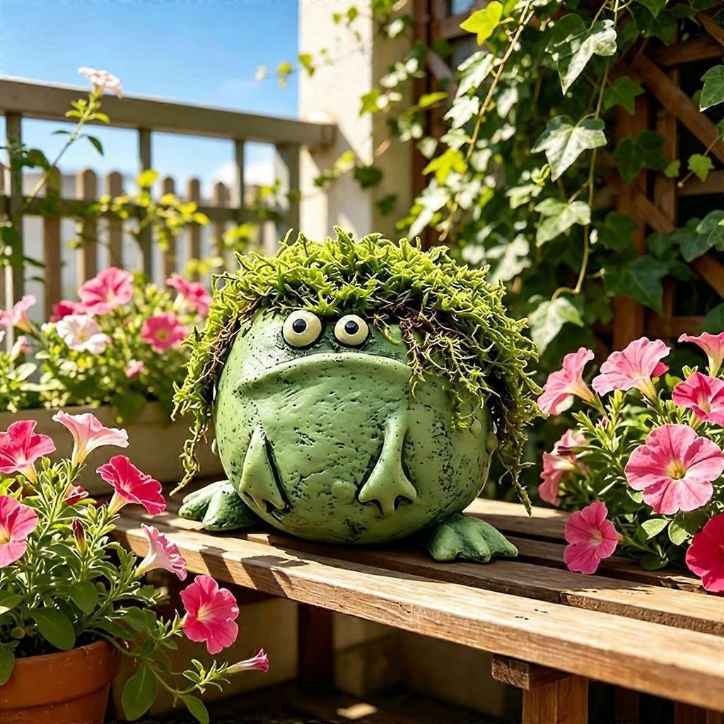 Frog Pen Holder for Desk, Cute Resin Flower Pot & Pencil Cup, Holds 10 Pens, Vintage Stacked Frog Figurine with Removable Grass, Desk Organizer for Of