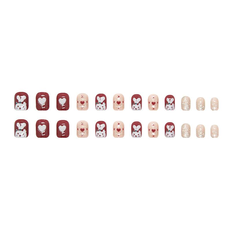 24 Pieces New Year's Atmosphere Shines Bright Red Love Rabbit Manicure Temperament White Fake Nails Wear Nail Pads