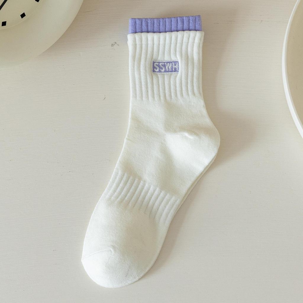 Dámské zimní bavlněné sportovní ponožky střední délky - Dvojité manžety, Vyšívaná písmena, Trendy, Teplé, Pohodlné.