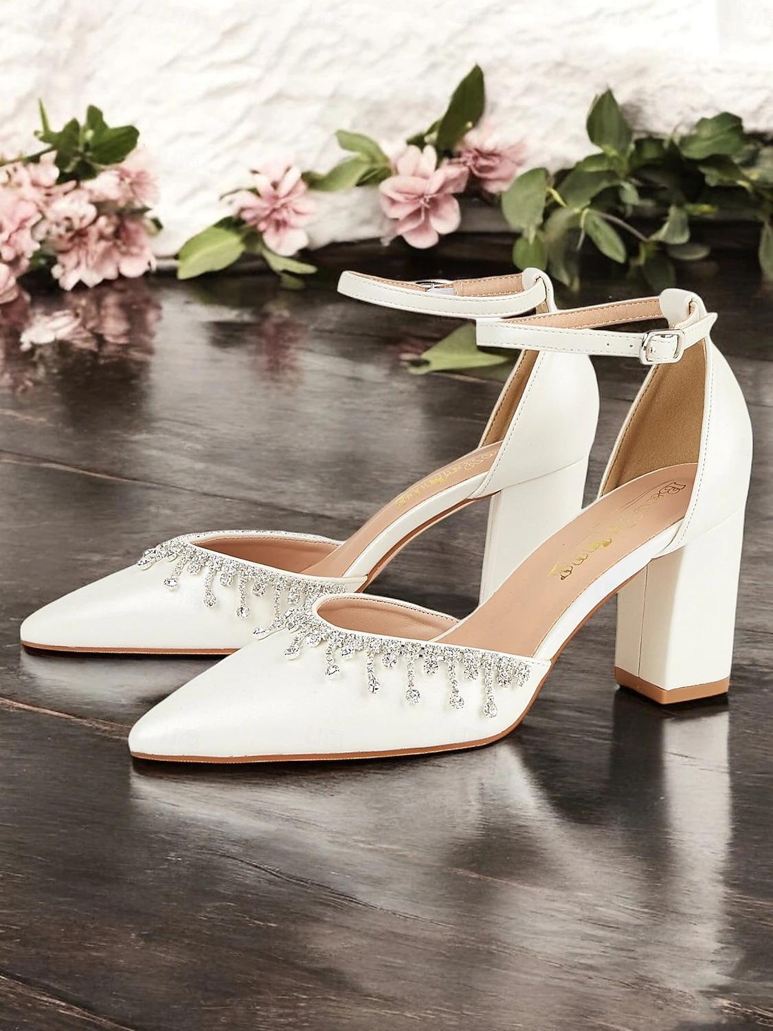 

Белые туфли на высоком каблуке свадебные туфли толстый каблук с женской летней модой бахрома бриллиантовая цепочка острый носок темперамент полые сандалии 43 43 белый