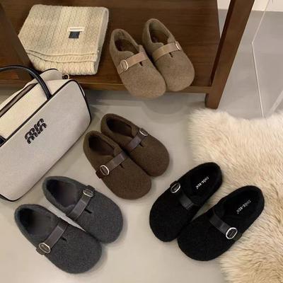 White Spotted Lamb Wool Shoes for Women's Outer Wear 2025 Winter Outer Wear New Velvet Flat Mary Jane Cotton Shoes