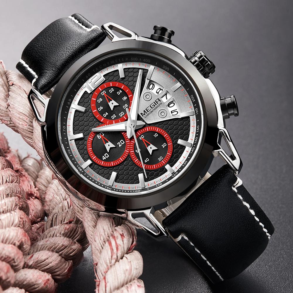 Creative MEGIR Chronograph Pánské hodinky Relogio Masculino Módní Kožené Quartz náramkové hodinky Pánské Clock Hour Army vojenské hodinky