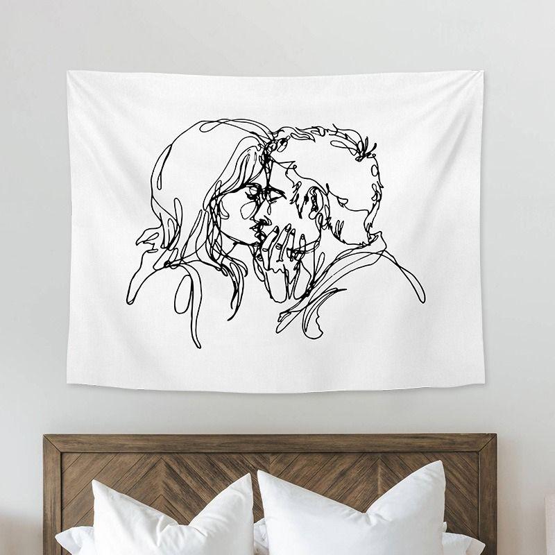 Line Art Couple Hands Heart Wall Tapestry White Background Minimalist Single Stroke Drawing Love Relationship Romantic