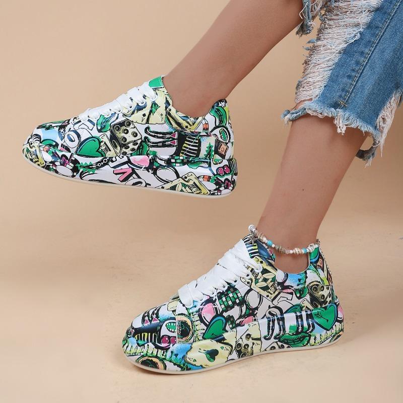 Women's Casual Sneakers Painted Graffiti Lace Up Shoes for Women Flats Pu Thick Bottom Female Sneakers Zapatos De Mujer Ofertas