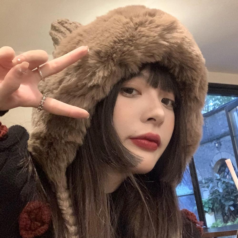 Animal Ear Flap Hat, Cute Plush Trapper Hat for Women, Winter Knit Cap with Fuzzy Ears, Warm Thermal Winter Hat for Cold Weather