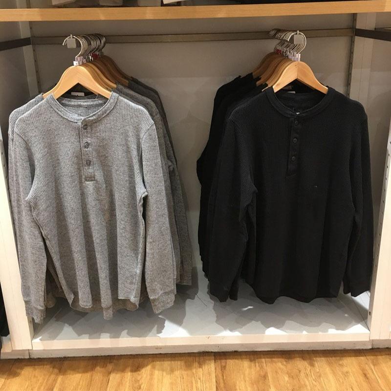 Men Women Long Sleeve Pullover T Shirt Waffle Knit Henley Neck