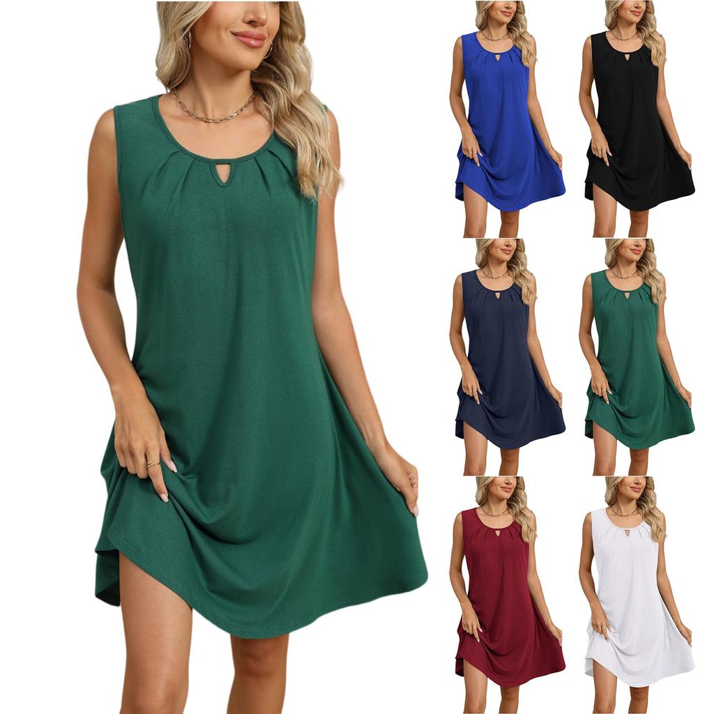 Women's Dress Solid Color Round Neck Hollow Pleated Sleeveless Pocket Dresses