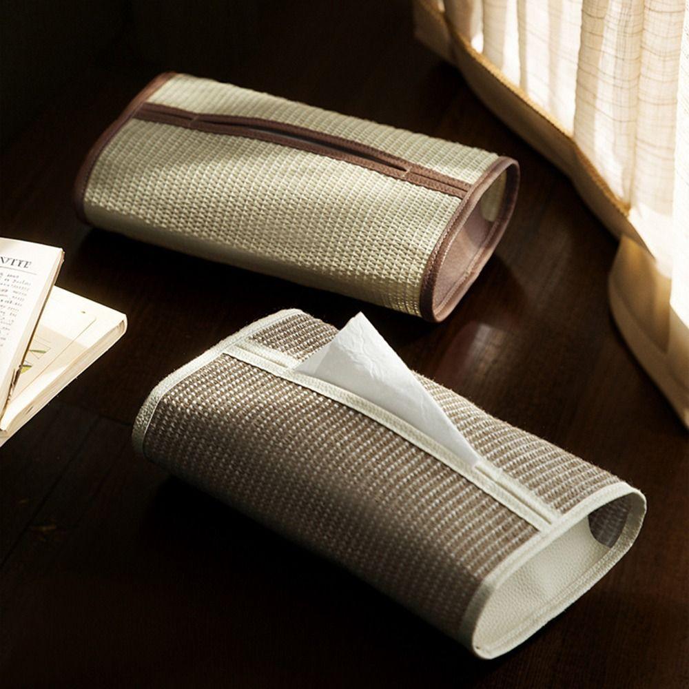 Rectangle Shape Woven Tissue Box Straw Woven PU Leather Paper Towel Holder High-End Ornament Decorative Desktop Tissue Case