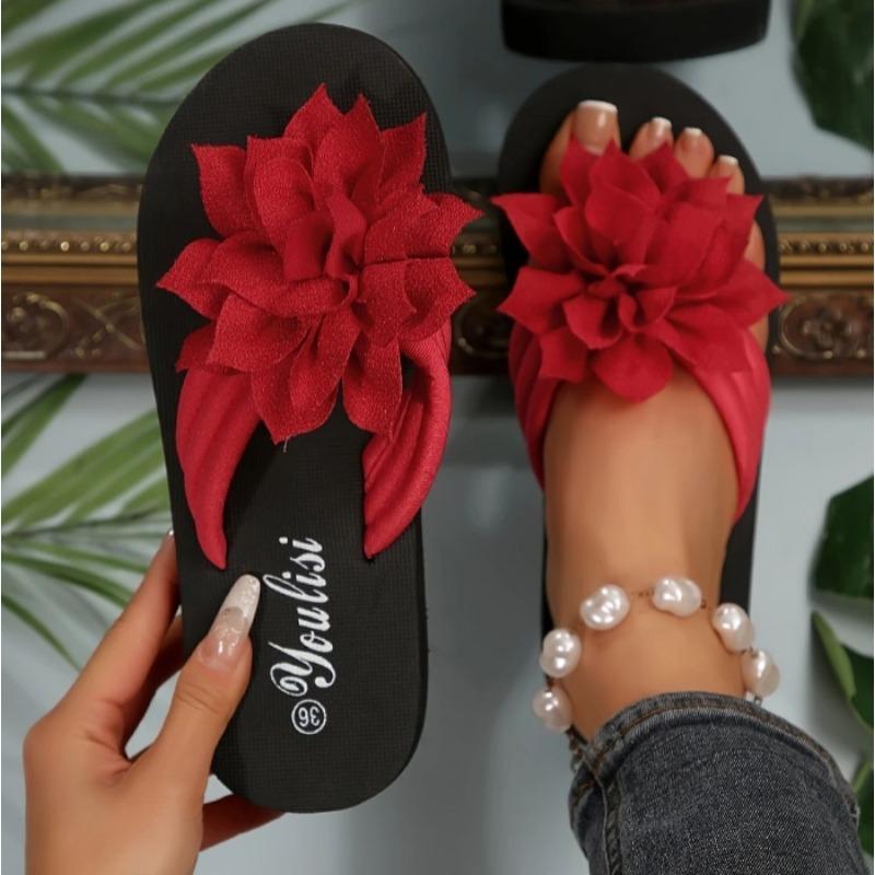 All-Season Floral Embellished Flip-Flops - 1pc Women'S Solid Color Slip-On Vacation Style - Fabric Upper, EVA Sole & Insole, Mid Heel