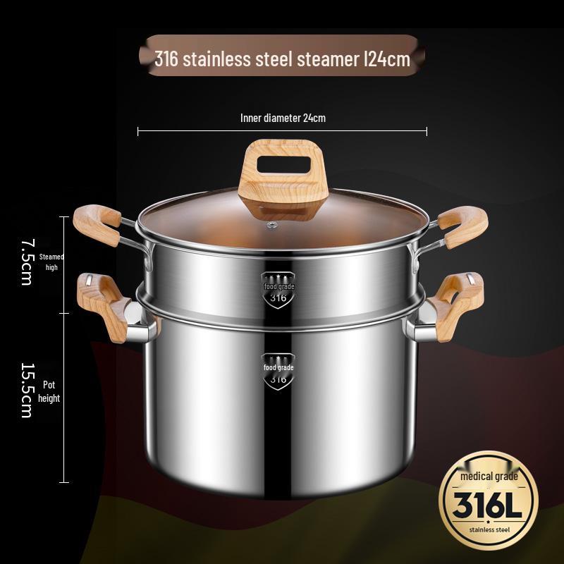 Extra-High 316L Stainless Steel Steamer Pot, Rivet-Free, Anti-Scald, Large Capacity for Porridge/Soup