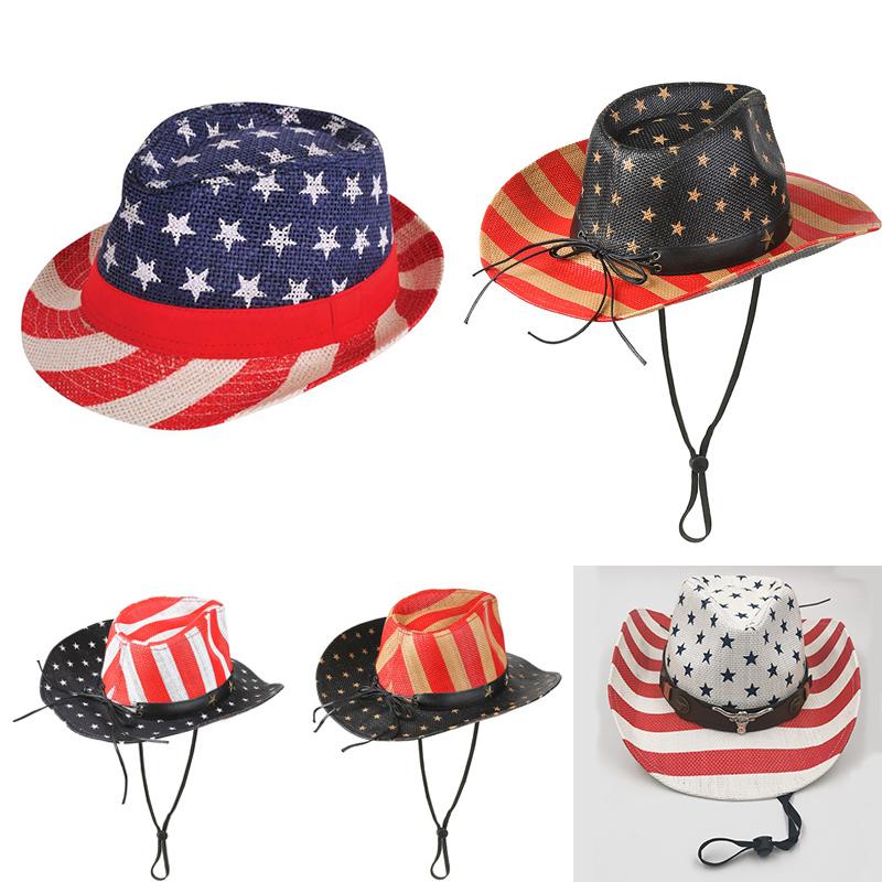 Outdoor Unisex American Flag Western Cowboy Hat Classic Men Wide Brim Sun Protection Fishing Cap Fashion Women Jazz Straw Hats