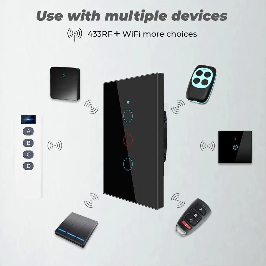 Tuya WiFi Smart Light Switch 1/2/3 Gang Touch Switch Without Neutral Line US Standard Smart Life APP Control Work Alexa Google H