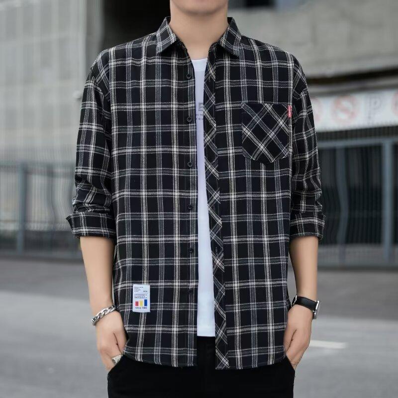 Fashion Men's Long-sleeved Shirt Spring and Fall Men's Plaid Shirt Square Collar Straight Youth Fashion Shirt
