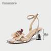 Elegant Woman Heeled Shoes Square Toe Ankle Strap Flower Sandals Fashion Dress Shoes for Ladies Heels Size35-43 Zapatos De Mujer